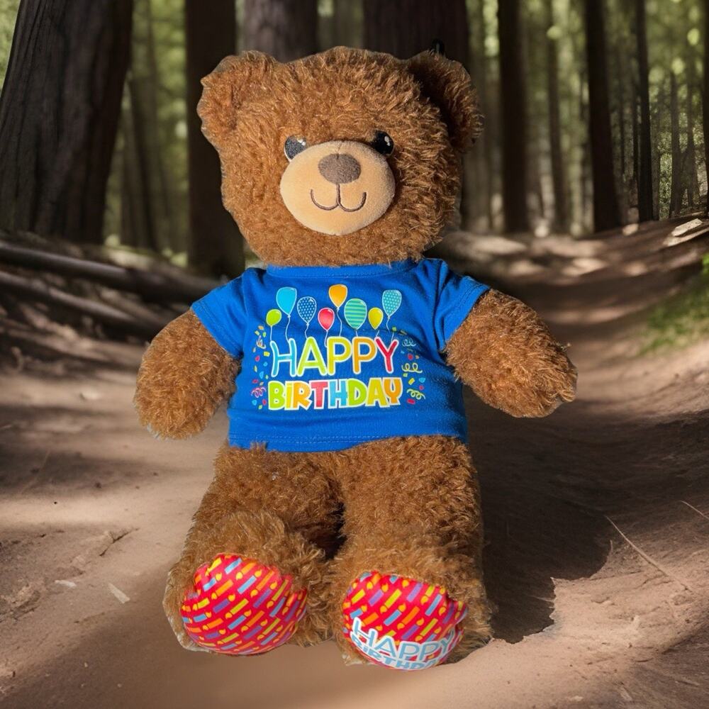 Build-A-Bear Birthday Celebration Teddy Bear Plush Brown w/ T-Shirt & Feet Tags